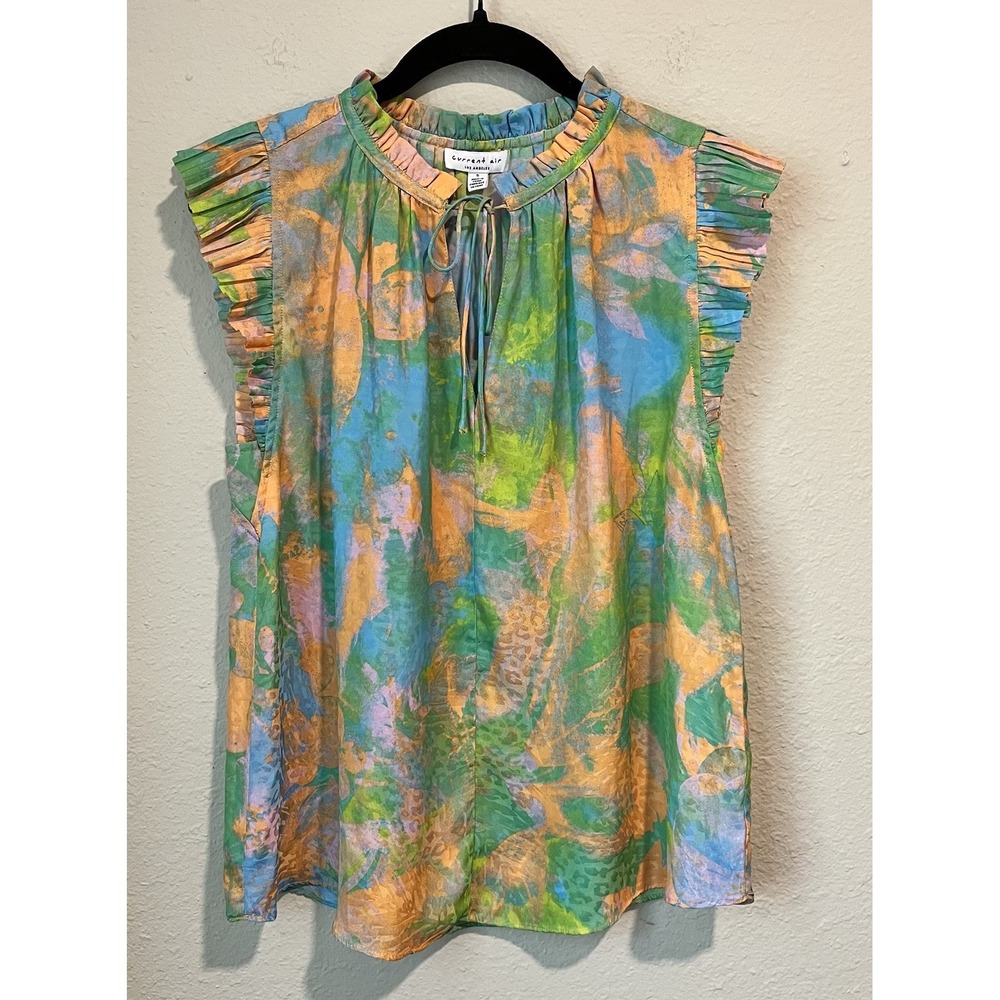 Current Air Women's Top Small Blouse Watercolor Ruffle Neckline Tassel Boho